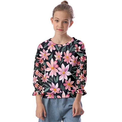 Classy Botanicals – Watercolor Flowers Botanical Kids  Cuff Sleeve Top by GardenOfOphir