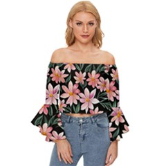 Classy Botanicals – Watercolor Flowers Botanical Off Shoulder Flutter Bell Sleeve Top by GardenOfOphir