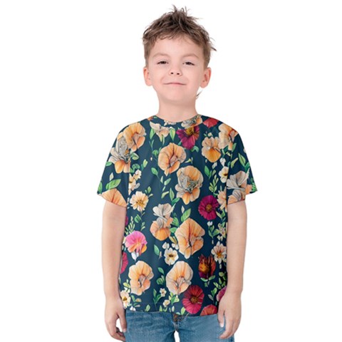 Charming Foliage – Watercolor Flowers Botanical Kids  Cotton Tee by GardenOfOphir