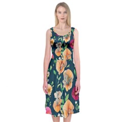 Charming Foliage – Watercolor Flowers Botanical Midi Sleeveless Dress by GardenOfOphir