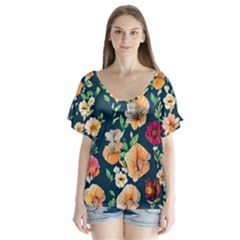 Charming Foliage – Watercolor Flowers Botanical V-neck Flutter Sleeve Top by GardenOfOphir