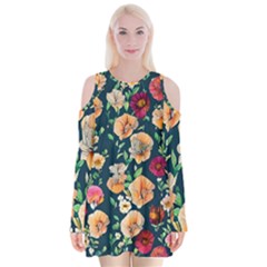 Charming Foliage – Watercolor Flowers Botanical Velvet Long Sleeve Shoulder Cutout Dress