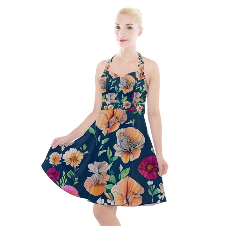 Charming Foliage – Watercolor Flowers Botanical Halter Party Swing Dress 