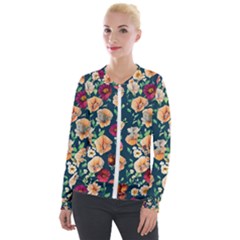 Charming Foliage – Watercolor Flowers Botanical Velvet Zip Up Jacket by GardenOfOphir