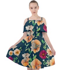 Charming Foliage – Watercolor Flowers Botanical Cut Out Shoulders Chiffon Dress