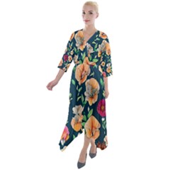 Charming Foliage – Watercolor Flowers Botanical Quarter Sleeve Wrap Front Maxi Dress by GardenOfOphir