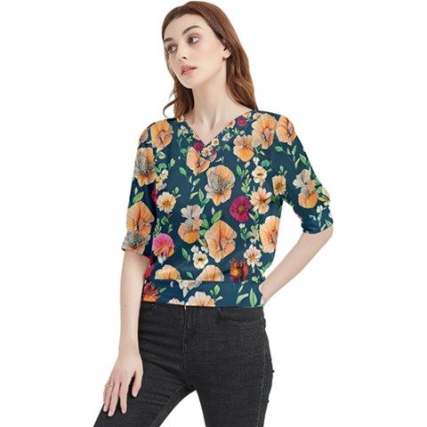 Charming Foliage – Watercolor Flowers Botanical Quarter Sleeve Blouse by GardenOfOphir