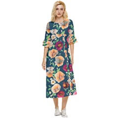 Charming Foliage – Watercolor Flowers Botanical Double Cuff Midi Dress by GardenOfOphir