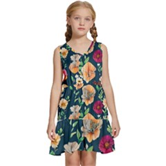 Charming Foliage – Watercolor Flowers Botanical Kids  Sleeveless Tiered Mini Dress by GardenOfOphir