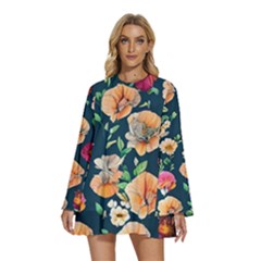 Charming Foliage – Watercolor Flowers Botanical Round Neck Long Sleeve Bohemian Style Chiffon Mini Dress by GardenOfOphir