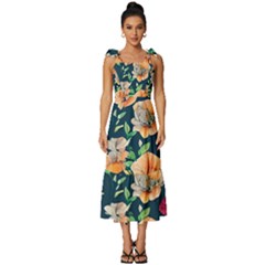 Charming Foliage – Watercolor Flowers Botanical Tie-strap Tiered Midi Chiffon Dress