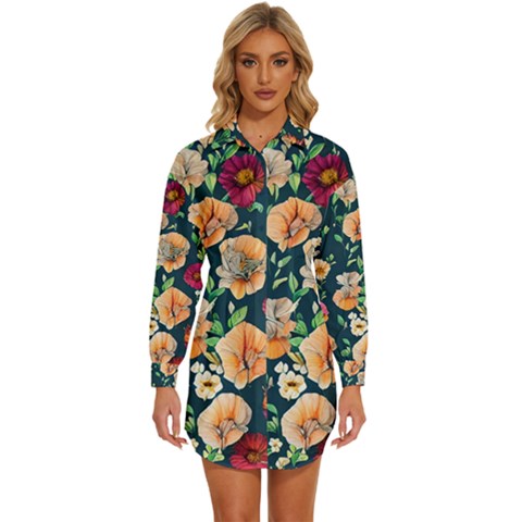 Charming Foliage – Watercolor Flowers Botanical Womens Long Sleeve Shirt Dress by GardenOfOphir