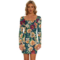 Charming Foliage – Watercolor Flowers Botanical Long Sleeve Square Neck Bodycon Velvet Dress by GardenOfOphir