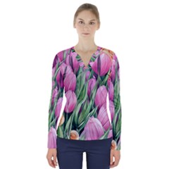 Cheerful Watercolor Flowers V-neck Long Sleeve Top by GardenOfOphir