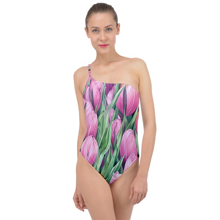 Cheerful Watercolor Flowers Classic One Shoulder Swimsuit