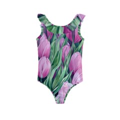 Cheerful Watercolor Flowers Kids  Frill Swimsuit by GardenOfOphir