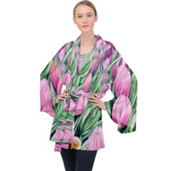 Cheerful Watercolor Flowers Long Sleeve Velvet Kimono  by GardenOfOphir