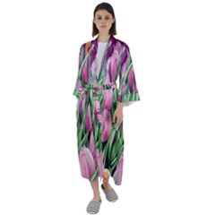 Cheerful Watercolor Flowers Maxi Satin Kimono by GardenOfOphir