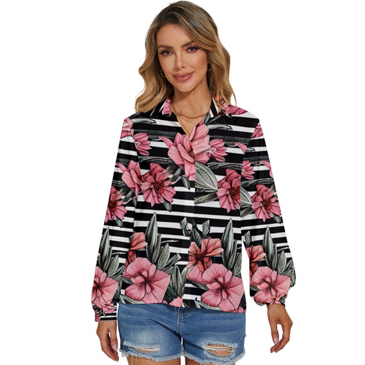 Country-Chic Watercolor Flowers Women s Long Sleeve Button Down Shirt