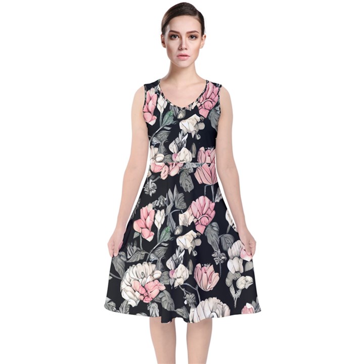 Choice watercolor flowers V-Neck Midi Sleeveless Dress 