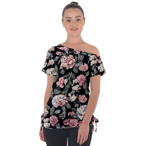 Choice Watercolor Flowers Off Shoulder Tie-up Tee by GardenOfOphir