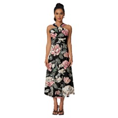 Choice Watercolor Flowers Sleeveless Cross Front Cocktail Midi Chiffon Dress