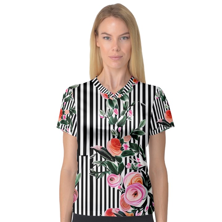 Classic watercolor flowers V-Neck Sport Mesh Tee