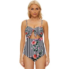 Classic Watercolor Flowers Knot Front One-piece Swimsuit by GardenOfOphir