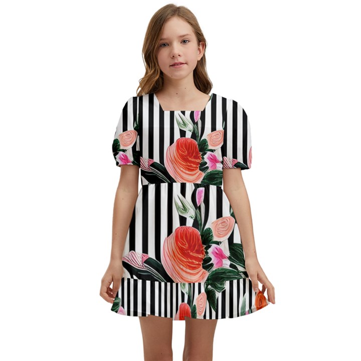 Classic watercolor flowers Kids  Short Sleeve Dolly Dress