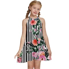 Classic Watercolor Flowers Kids  Halter Collar Waist Tie Chiffon Dress by GardenOfOphir