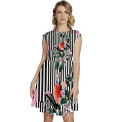 Classic Watercolor Flowers Cap Sleeve High Waist Dress