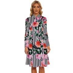 Classic Watercolor Flowers Long Sleeve Shirt Collar A-line Dress