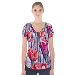 Color-infused Watercolor Flowers Short Sleeve Front Detail Top by GardenOfOphir