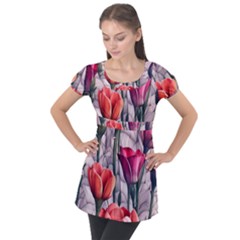 Color-infused Watercolor Flowers Puff Sleeve Tunic Top by GardenOfOphir