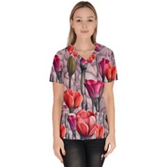 Color-infused Watercolor Flowers Women s V-neck Scrub Top by GardenOfOphir