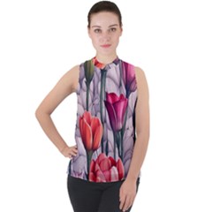 Color-infused Watercolor Flowers Mock Neck Chiffon Sleeveless Top by GardenOfOphir