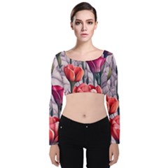 Color-infused Watercolor Flowers Velvet Long Sleeve Crop Top by GardenOfOphir