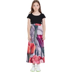 Color-infused Watercolor Flowers Kids  Flared Maxi Skirt by GardenOfOphir