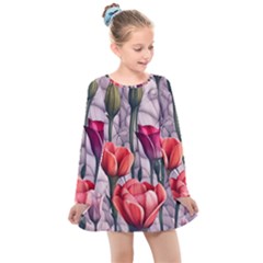 Color-infused Watercolor Flowers Kids  Long Sleeve Dress by GardenOfOphir