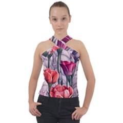 Color-infused Watercolor Flowers Cross Neck Velour Top by GardenOfOphir