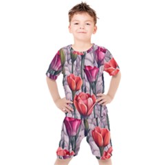 Color-infused Watercolor Flowers Kids  Tee And Shorts Set by GardenOfOphir