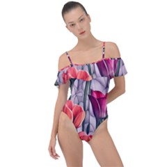 Color-infused Watercolor Flowers Frill Detail One Piece Swimsuit by GardenOfOphir