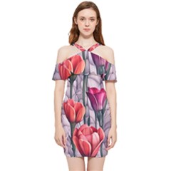 Color-infused Watercolor Flowers Shoulder Frill Bodycon Summer Dress by GardenOfOphir