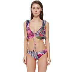 Color-infused Watercolor Flowers Low Cut Ruffle Edge Bikini Set