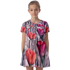 Color-infused Watercolor Flowers Kids  Short Sleeve Pinafore Style Dress