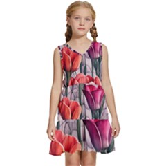 Color-infused Watercolor Flowers Kids  Sleeveless Tiered Mini Dress by GardenOfOphir