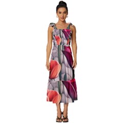 Color-infused Watercolor Flowers Tie-strap Tiered Midi Chiffon Dress by GardenOfOphir