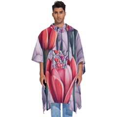 Color-infused Watercolor Flowers Men s Hooded Rain Ponchos