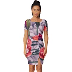 Color-infused Watercolor Flowers Fitted Knot Split End Bodycon Dress