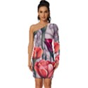 Color-infused watercolor flowers Long Sleeve One Shoulder Mini Dress View1